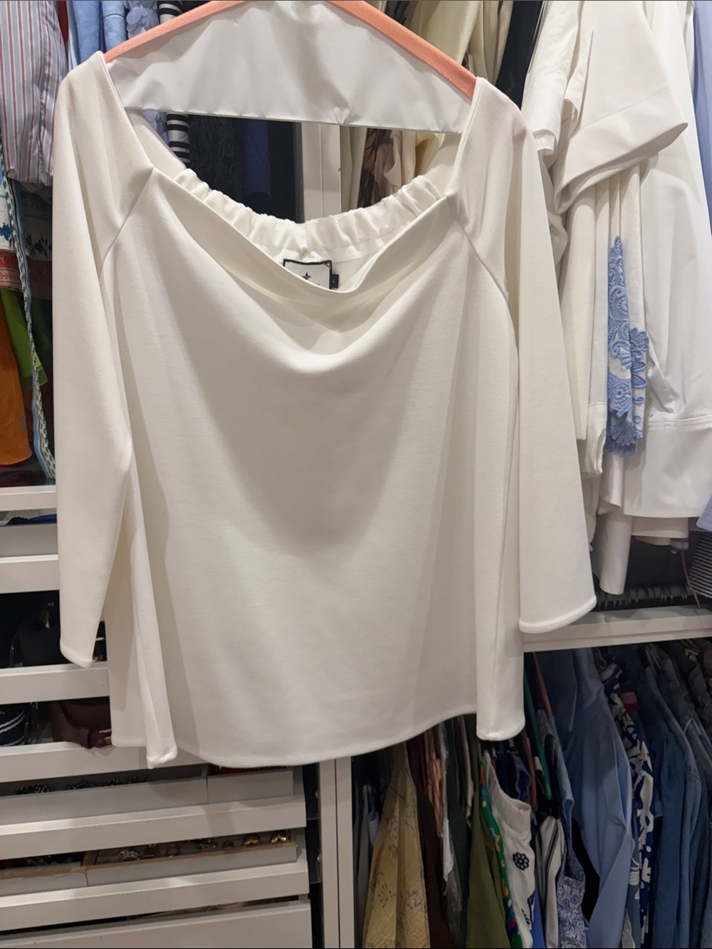 Tuckernuck Elegant White Off-the-Shoulder Blouse with Draped Neckline